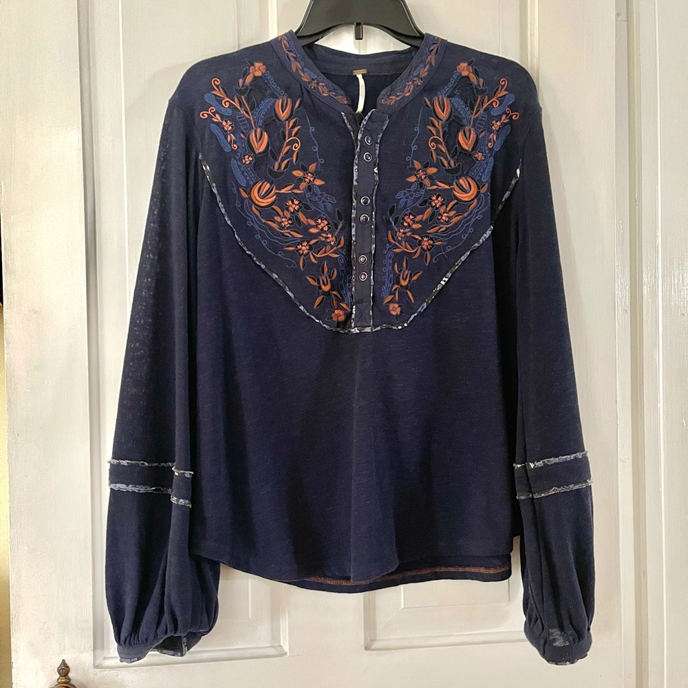 Free People Boho Gauze Navy Long Sleeve Blouse